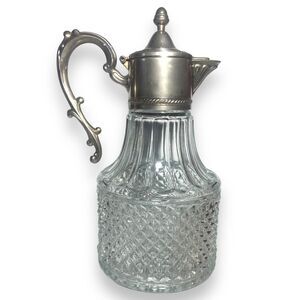 Vintage Italian Silverplated Top Decanter Jug Barware Diamond Pattern Glass